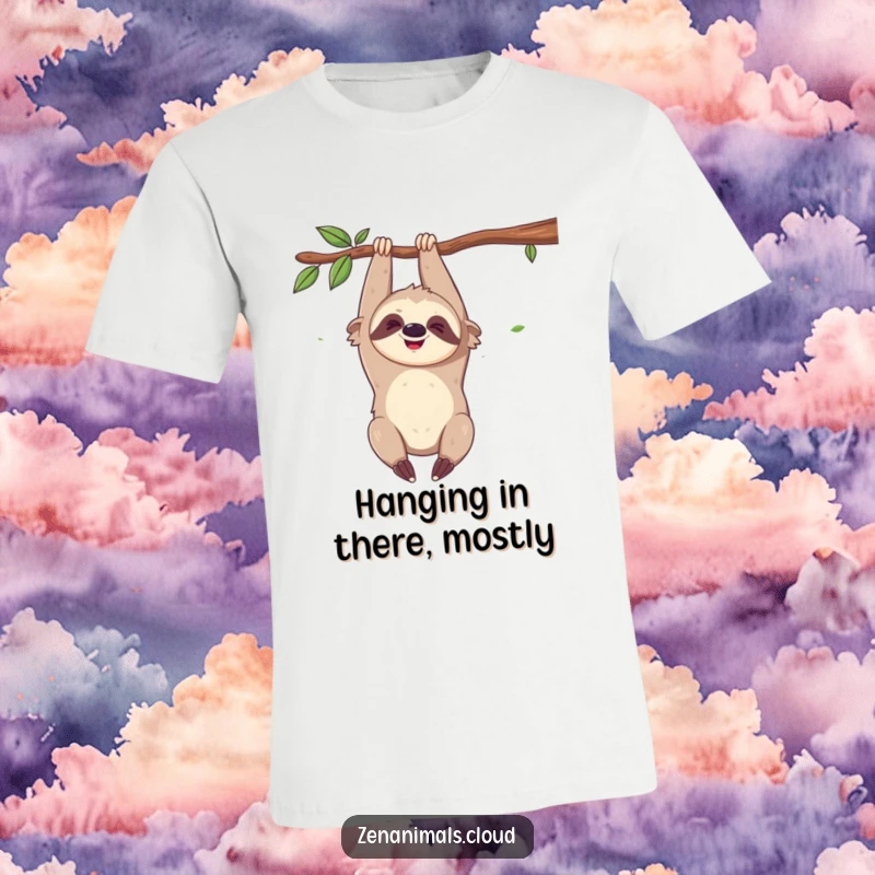 Funny t-shirt showcasing a giggling sloth hanging upside down, looking delightfully amused and embodying pure, slow-paced joy.