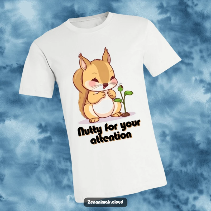Funny Squirrel T-Shirt: A humorous depiction of a squirrel curiously investigating a small sprout, perfect for nature enthusiasts.