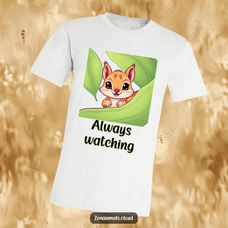 Funny squirrel t-shirt featuring a curious squirrel with wide eyes peeking from behind a large leaf, showcasing a whimsical and funny woodland character.