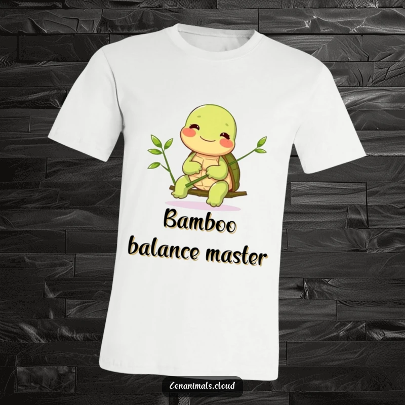 Funny Turtle T-Shirt: A giggling turtle balances delicate bamboo, embodying a slow, steady joy and gentle humor, perfect for casual wear.