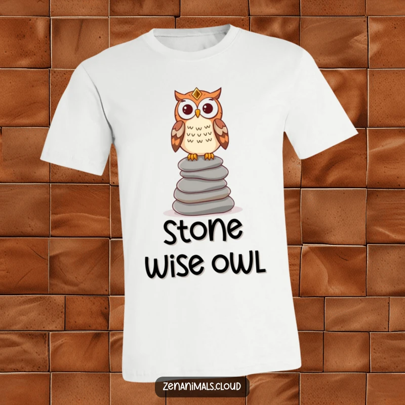 Funny wise owl t-shirt depicting an owl perched on stones, designed with thoughtful humor for the introspective individual.