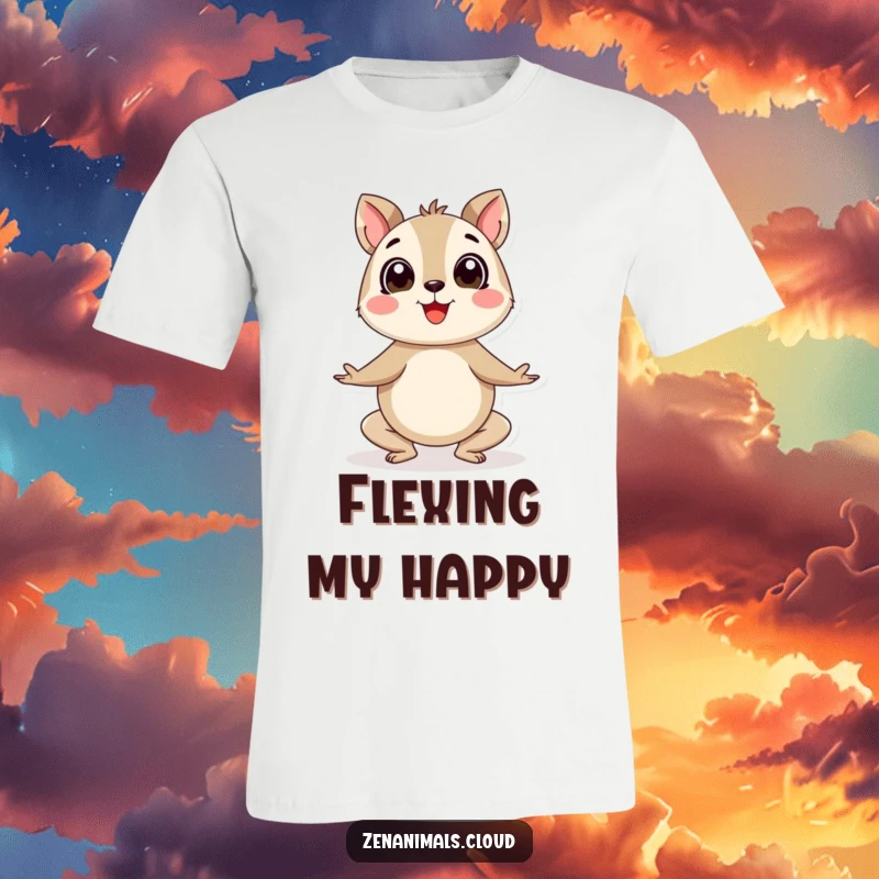 Funny yoga animal t-shirt featuring a round, ecstatic creature performing an enthusiastic yoga pose, radiating happiness and energy.