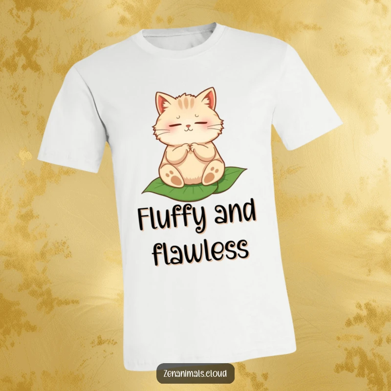 Funny t-shirt showing a round, fluffy cat deeply meditating while perched peacefully on a single leaf.