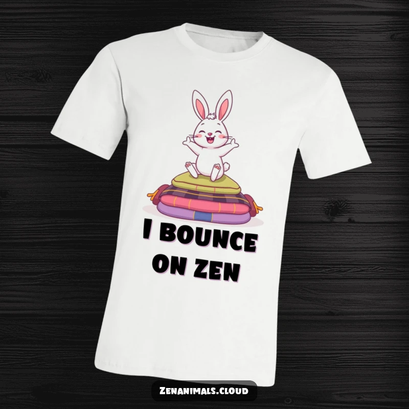 Funny t-shirt featuring an energetic bunny with a cheerful grin, energetically bouncing over colorful meditation cushions.