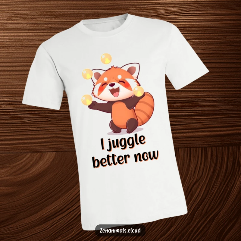Funny red panda t-shirt depicting a red panda enthusiastically juggling three glowing orbs with a wide, joyful smile.