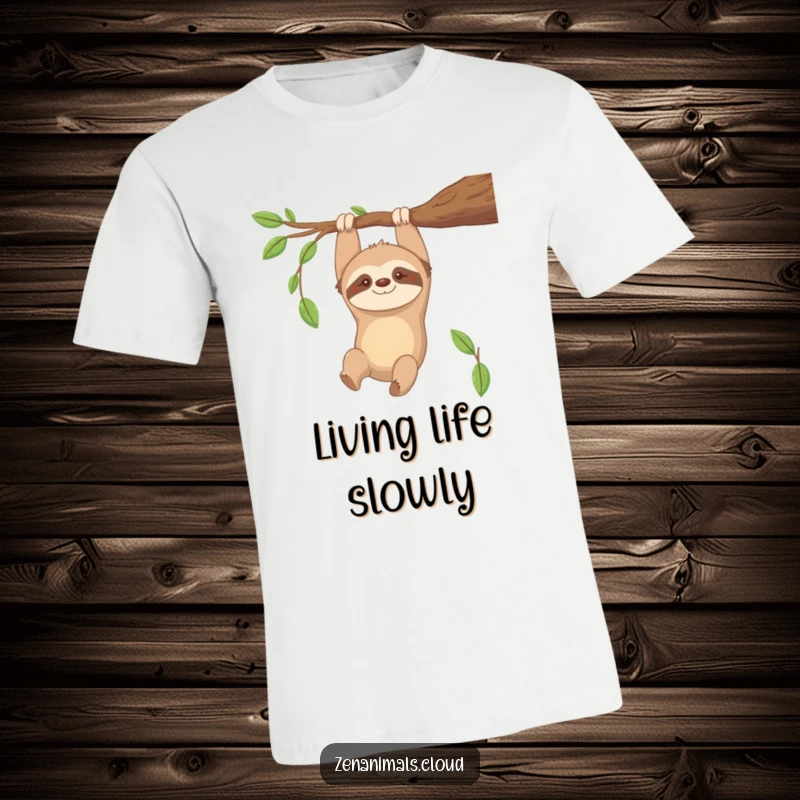 Funny Sloth T-Shirt: Contented sloth hanging upside down from a branch, smiling gently, a relaxed design.