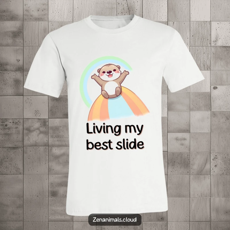 Funny Otter T-Shirt: Depicts a happy otter joyfully sliding down a vibrant rainbow, arms wide, embodying pure bliss and fun.