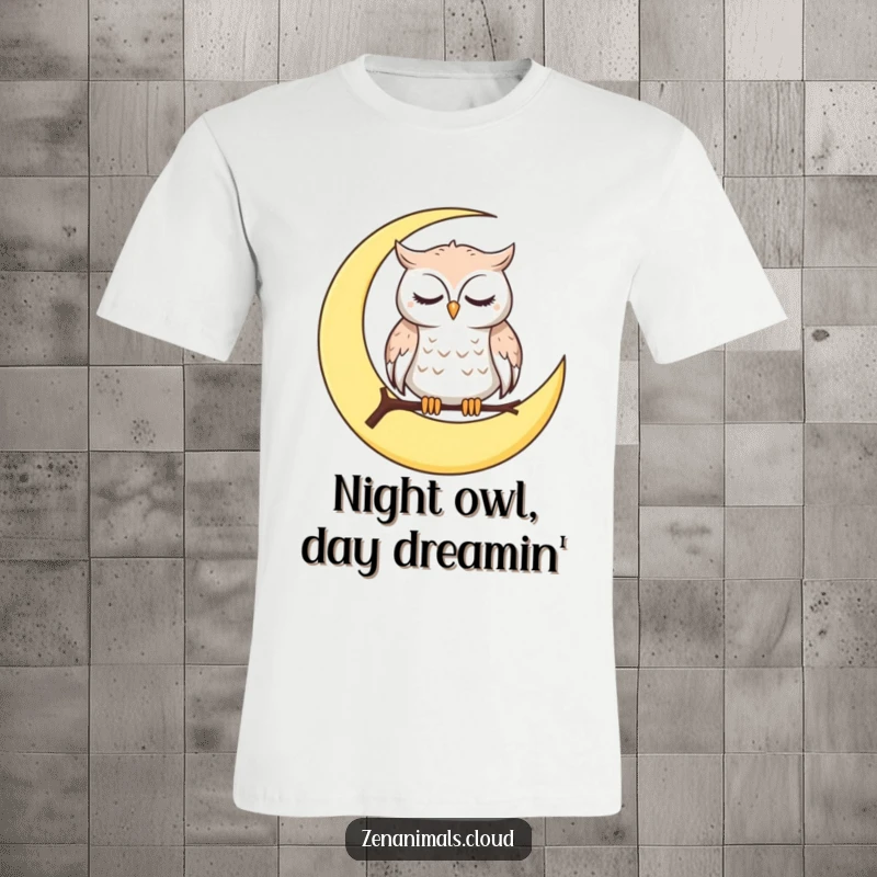 Funny T-Shirt showcasing a calm owl on a crescent moon, slow-blinking, embodying peaceful, sleepy humor for wearers.