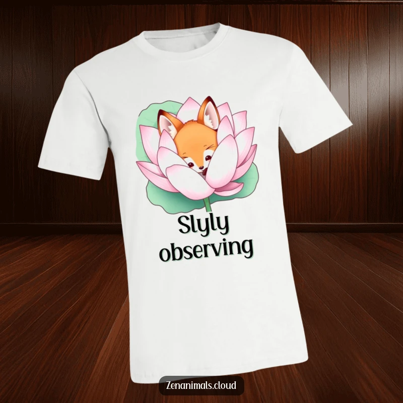 Funny curious fox peeking out from behind a giant lotus flower on a t-shirt, a mystical and whimsical design.