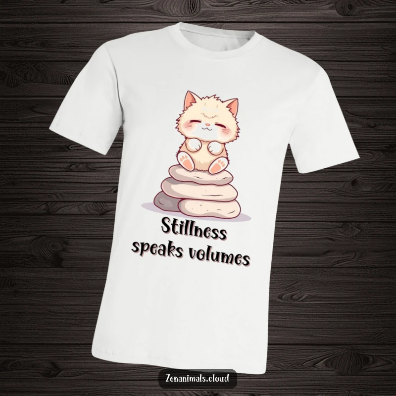 Funny Cat T-Shirt: Fluffy cat meditating on stacked stones, eyes closed, a humorous take on zen.