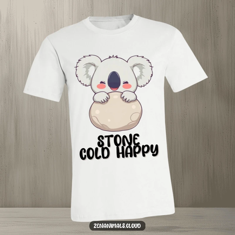 Funny T-Shirt depicting a joyful koala embracing a round stone, eyes wide with delight, symbolizing pure happiness and affection.