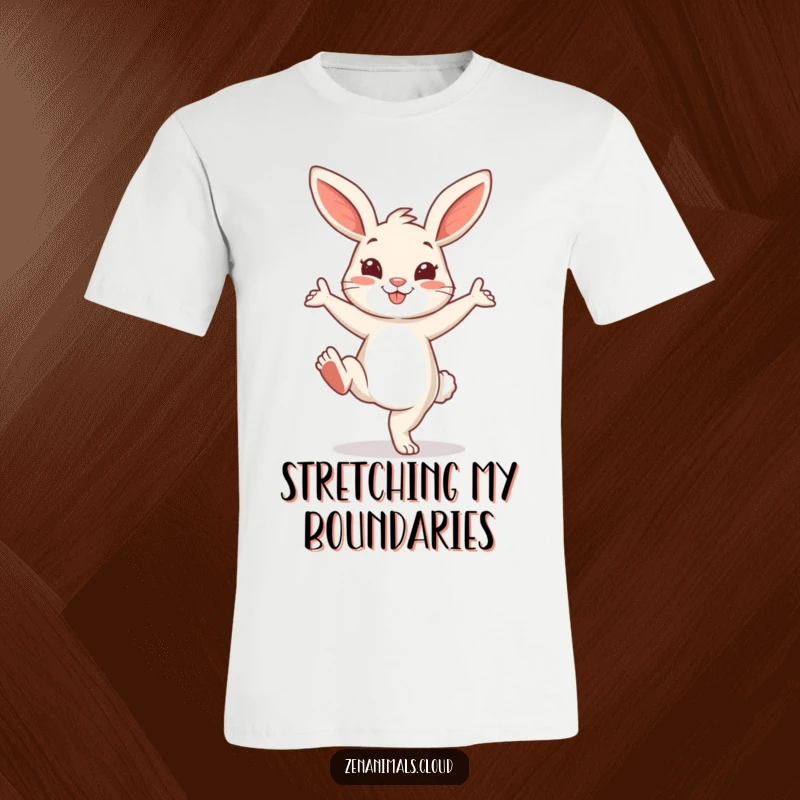 Funny Bunny T-Shirt: A cheerful bunny in a playful yoga pose with one leg extended, celebrating fitness and fun.
