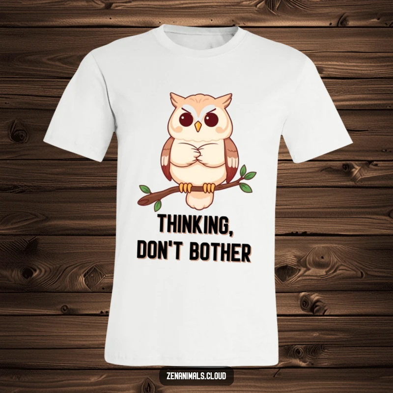 Funny owl t-shirt with a serene owl deep in contemplation, ideal for thinkers and a funny gift.