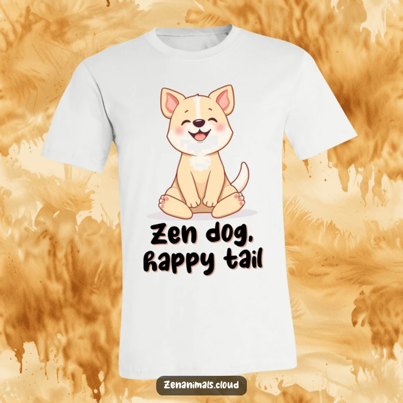 Funny t-shirt showcasing a happy dog in a peaceful lotus pose, tail wagging, radiating calm and humorous delight.