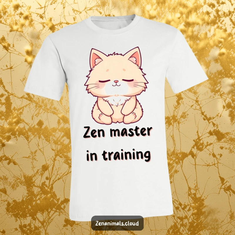 Funny Cat T-Shirt: A fluffy cat meditating peacefully, eyes closed, with a subtle smile, showcasing inner peace and humor.