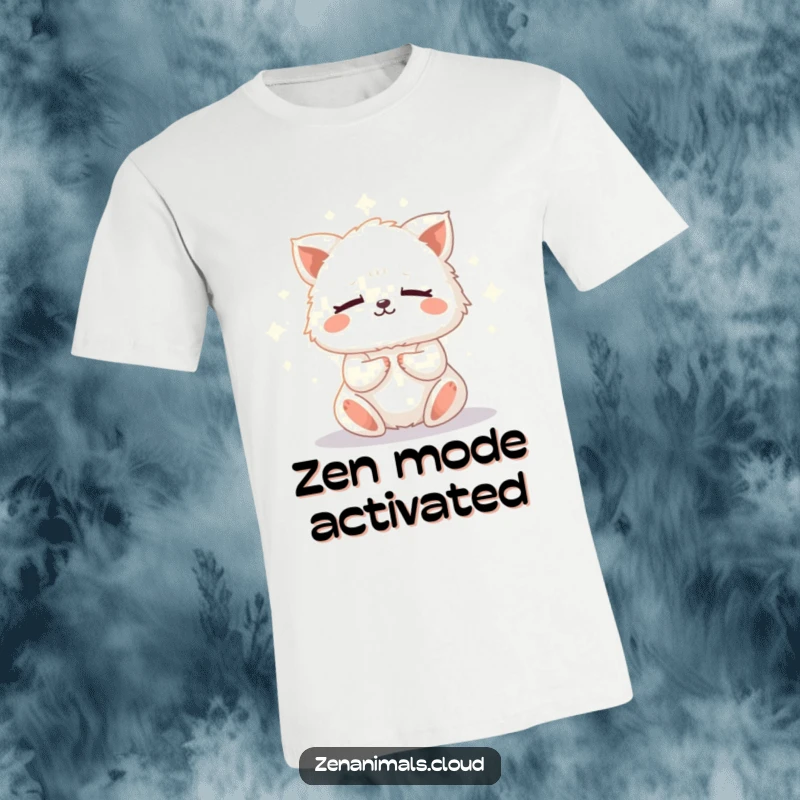 Funny meditation animal t-shirt showing a tiny, fluffy creature meditating peacefully, radiating a soft glow, ideal for zen lovers.