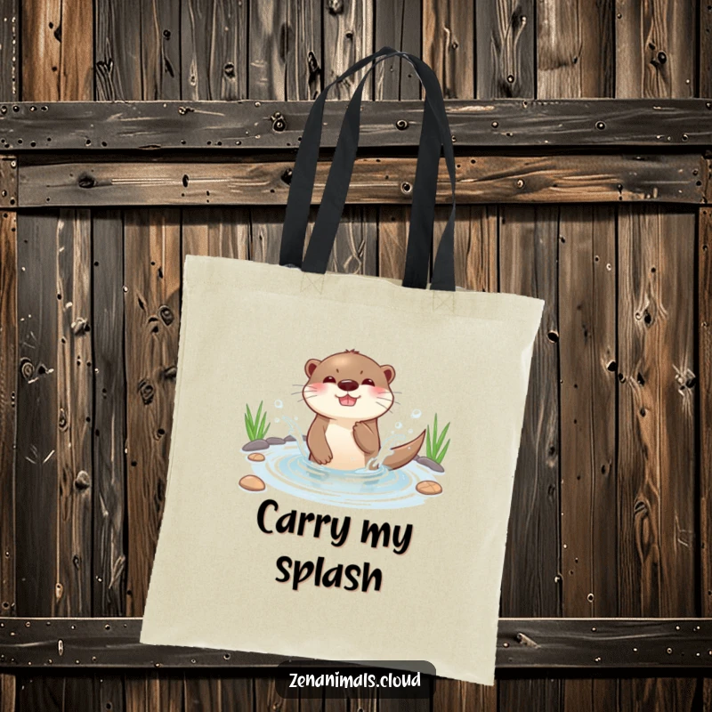 Funny playful otter splashing water in a serene pond with delight, durable and charming tote.