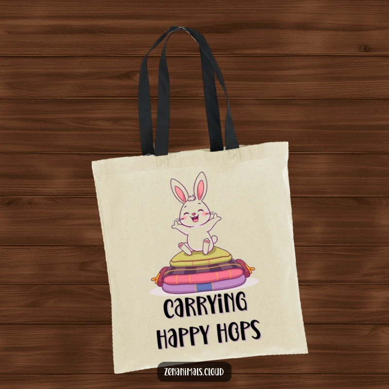 Funny tote bag showing an energetic bunny hopping over meditation cushions, perfect for carrying items with a humorous and peaceful flair.
