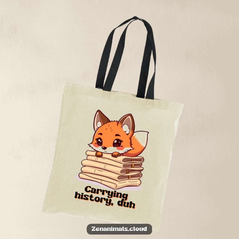 Funny curious fox peeking from behind ancient scrolls, tail wagging, durable and stylish tote bag for bookworms.