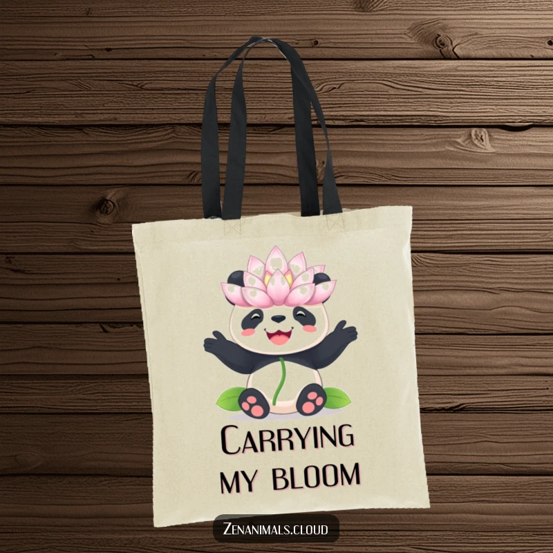 Funny panda lotus tote bag, durable bag with a panda balancing a flower on its nose, humorous and stylish.