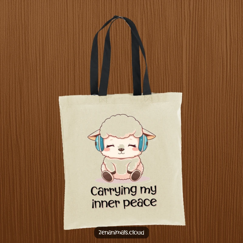 Funny sheep meditation tote bag illustration of a sheep with headphones meditating peacefully, a humorous accessory.