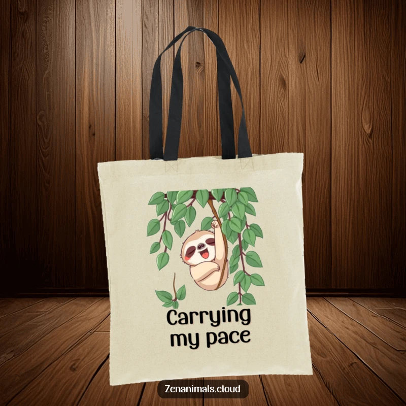 Funny sloth character slowly reaching for a vine with a yawn on this humorous and practical tote bag.
