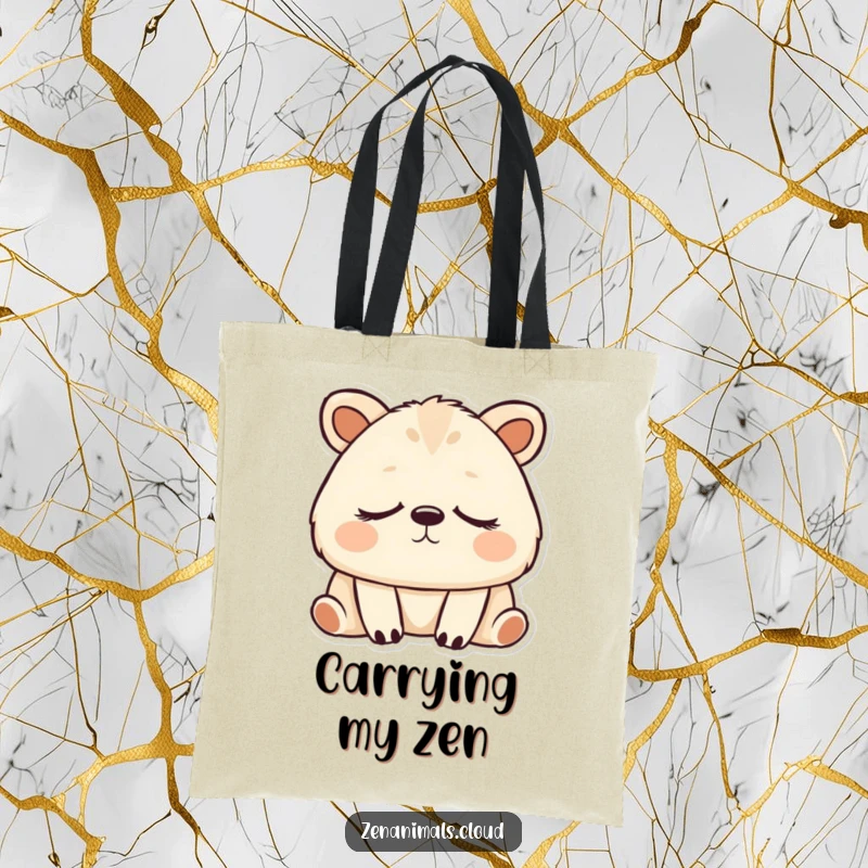 Funny animal breathing deeply with eyes closed, a serene and humorous tote bag.