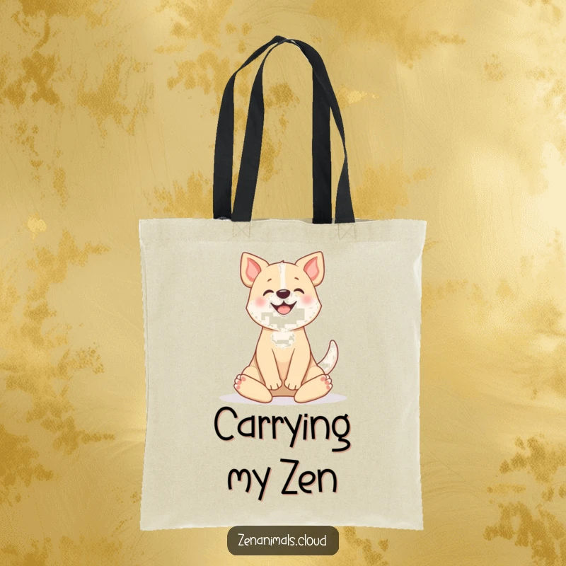 Funny tote bag featuring a happy dog in a serene lotus pose, tail wagging, ideal for carrying items with peace.