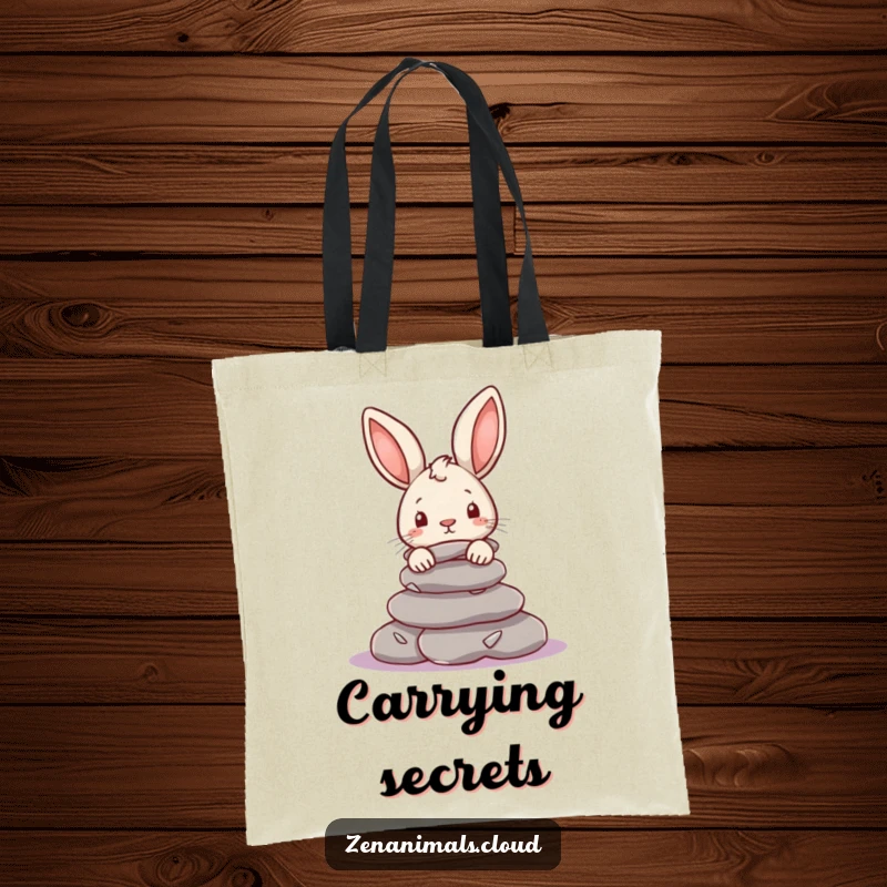 Funny Rabbit Tote Bag: A curious rabbit peeks from behind smooth river stones, a charming and humorous companion for your errands.