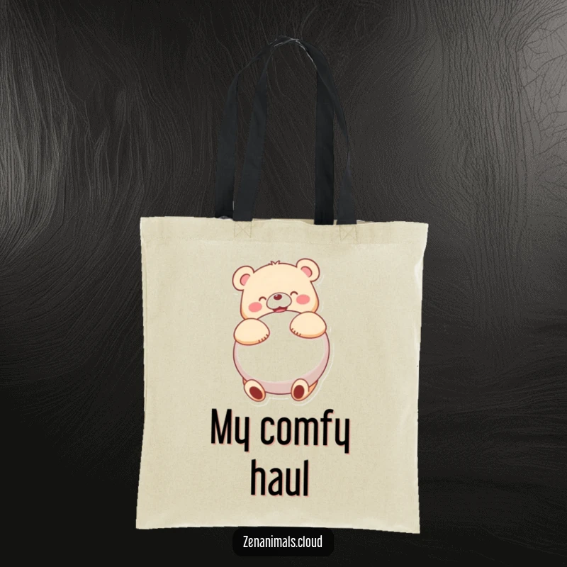Funny bear character hugging a large cushion joyfully on this humorous and practical tote bag.