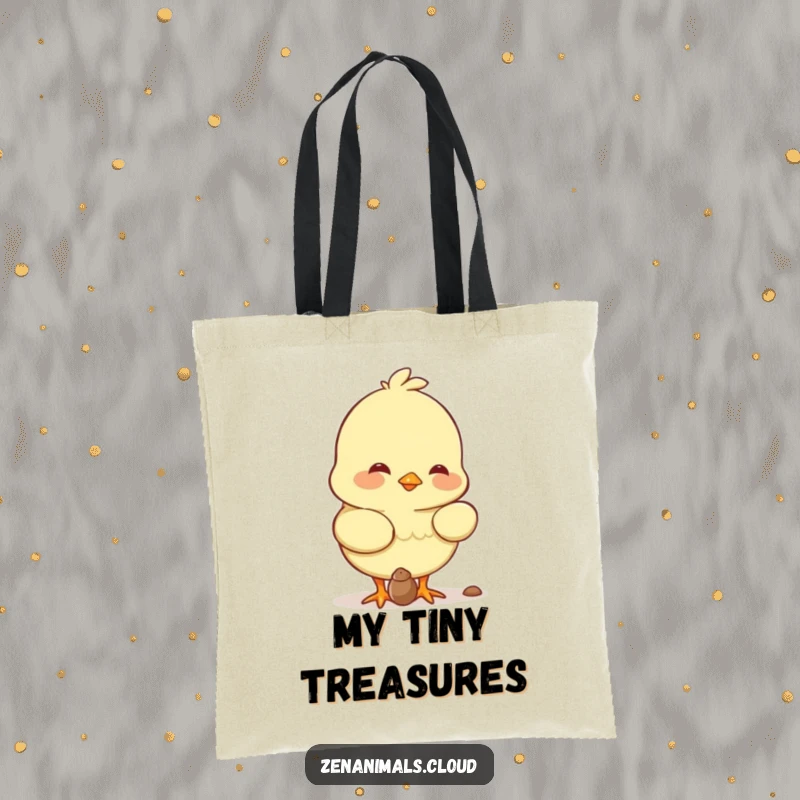 Funny chick character pecking at a seed with a soft smile, depicted on this humorous and functional tote bag.