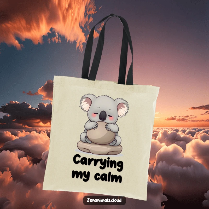 Funny koala embracing a smooth, round meditation stone on a durable canvas tote bag. Ideal for shopping or daily carry.