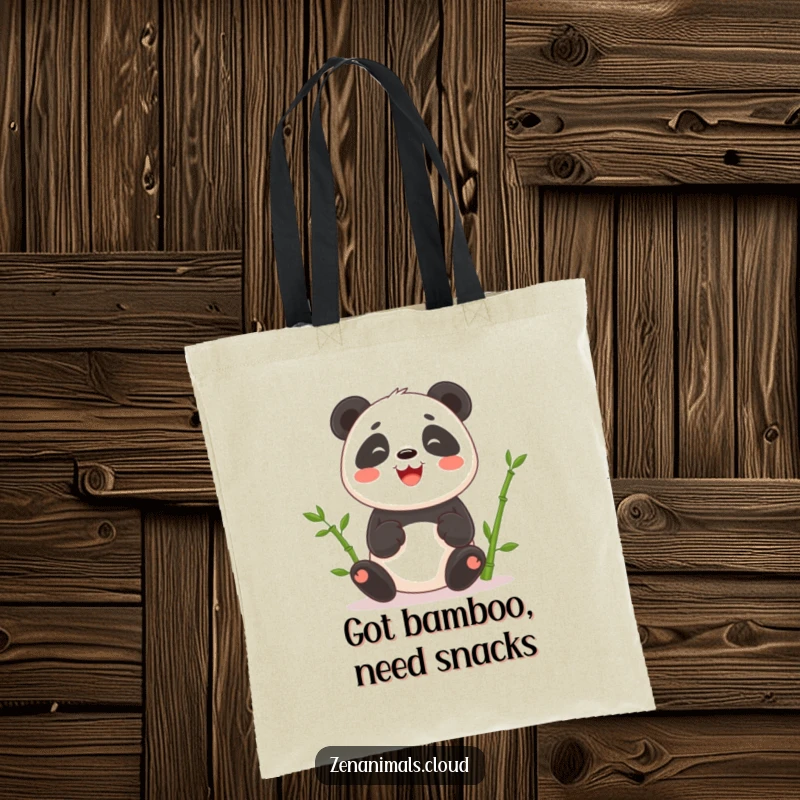 Funny tote bag featuring a smiling panda adeptly juggling bamboo shoots, ideal for stylish and humorous carrying.