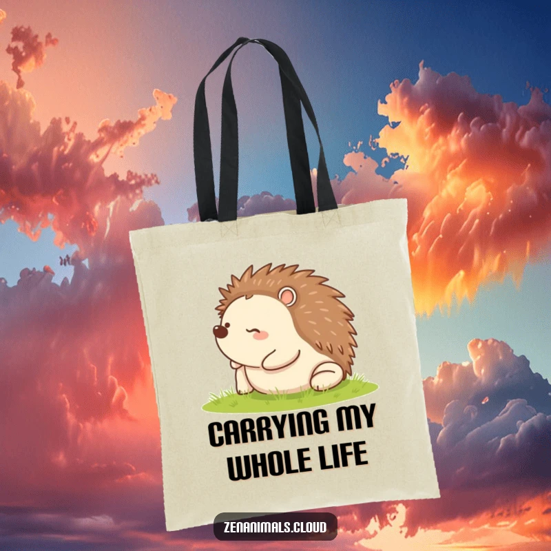 Funny tote bag showcasing a happy hedgehog rolling on its back, ideal for carrying essentials with a touch of humor.