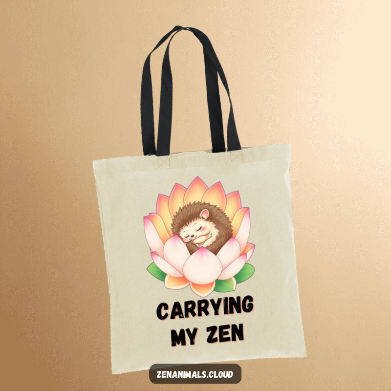 Funny Hedgehog Tote Bag: A serene hedgehog sleeps within a blooming lotus flower, embodying peacefulness and gentle charm.