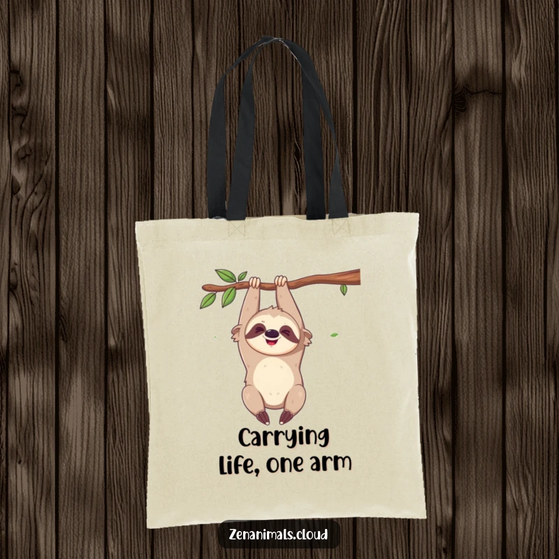 Funny tote bag featuring a giggling sloth hanging upside down, ideal for carrying items with a sense of lighthearted amusement.