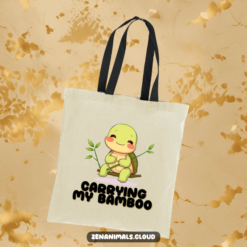 Funny Turtle Tote Bag: A giggling turtle balances bamboo, perfect for carrying essentials with a touch of slow, steady humor and charm.