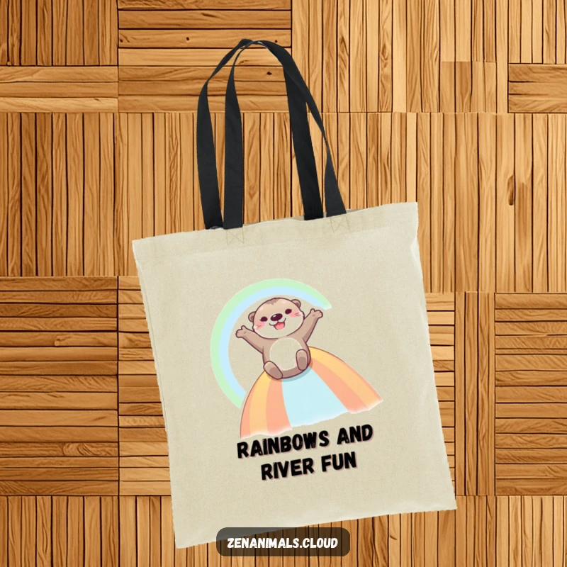 Funny Otter Tote Bag: A cheerful otter slides down a rainbow, arms spread wide, showcasing a moment of absolute, playful delight.