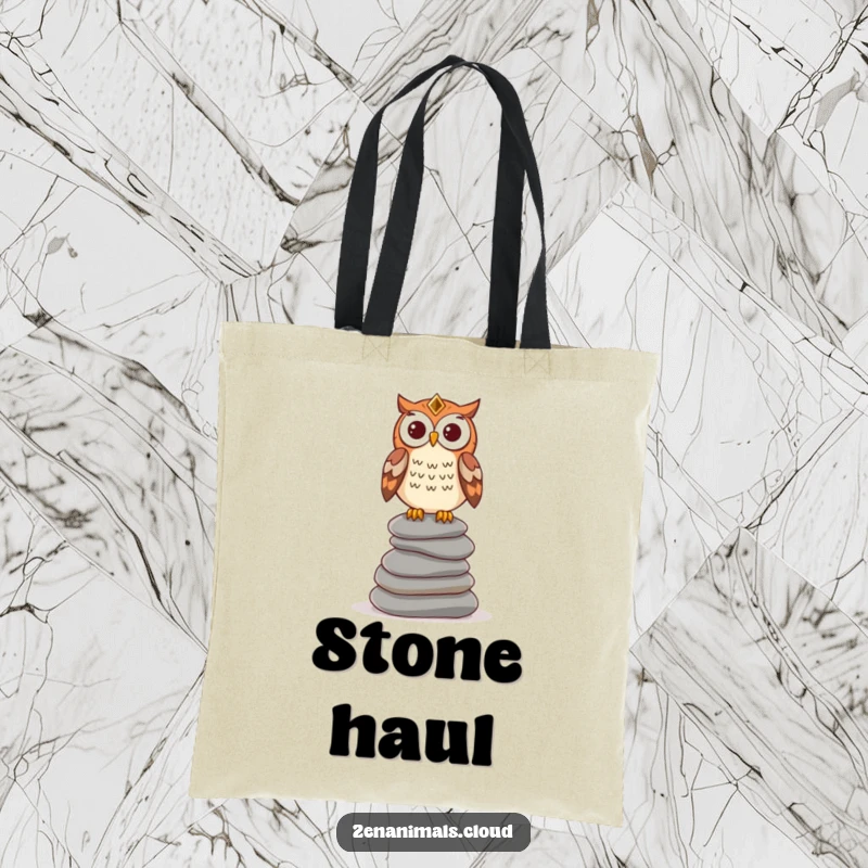 Funny wise owl tote bag showing an owl perched on stones, a humorous accessory for carrying daily items with a touch of wisdom.